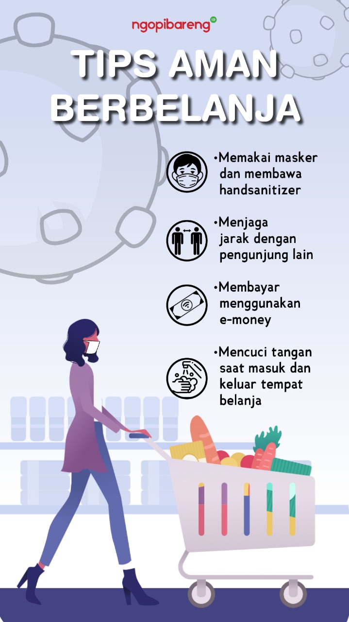 Ilustrasi patuhi protokol kesehatan 3M saat belanja di masa pandemi Covid-19. (Grafis: Fa Vidhi/Ngopibareng.id)