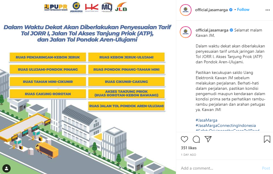 Ilustrasi daftar tol yang akan mengalami kenaikan tarif. (Grafis: Instagram @official.jasamarga)