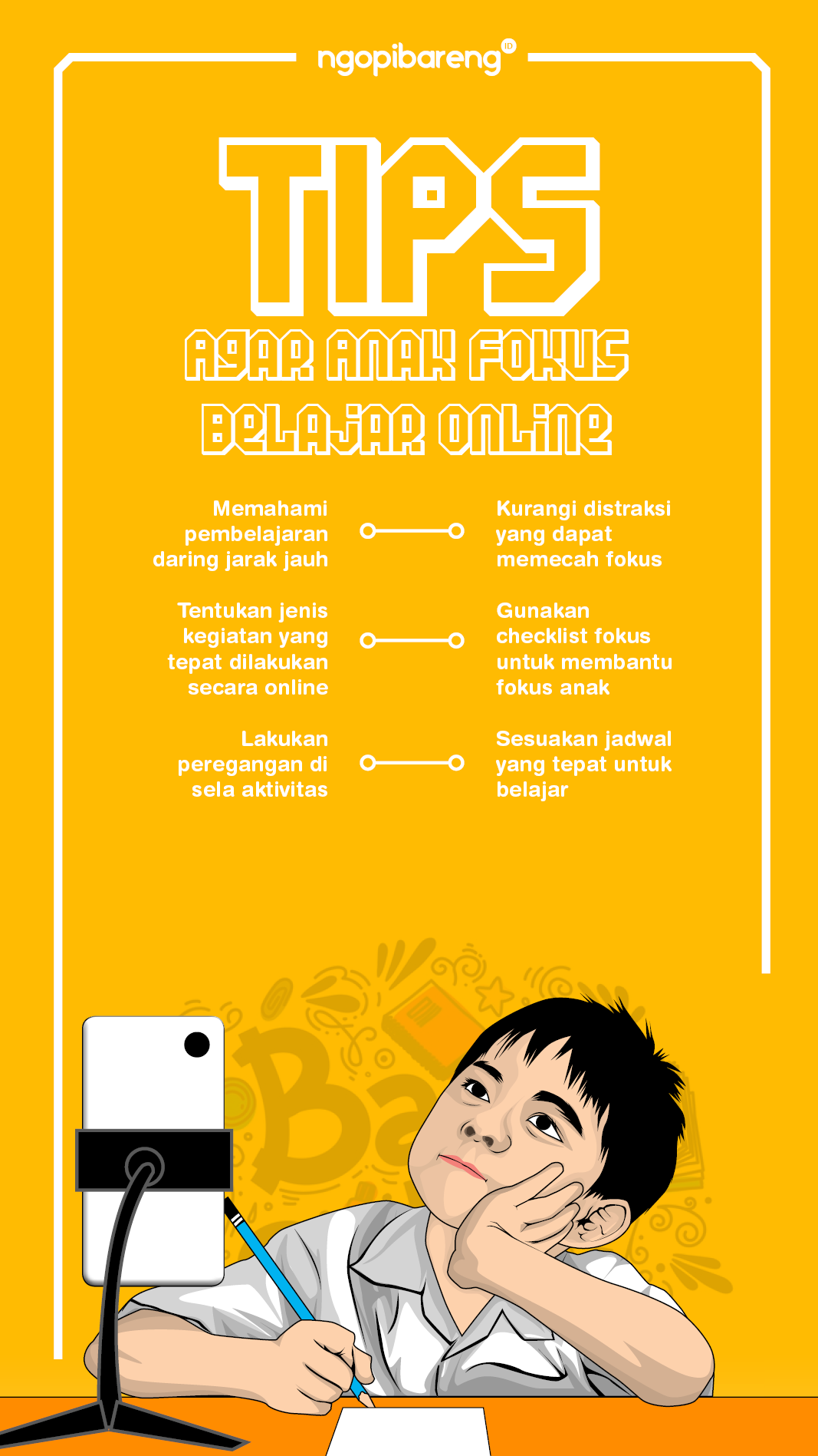 Ilustrasi tips agar anak fokus belajar online selama pandemi Covid-19. (Grafis: Fa Vidhi/Ngopibareng.id)