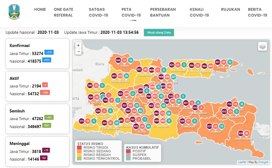 Peta zonasi Jatim yang di-upload melalui website www.infocovid19.jatimprov.go.id. (Foto: Tangkapan Layar)