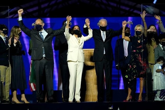 Presiden dan Wakil Presiden Amerika Serikat terpilih, Joe Biden dan Kamala Harris, saat pidato pertama kemenangannya. (Foto: voa)