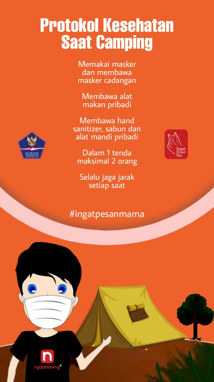 #ingatpesanibu penerapan protokol kesehatan saat camping. (Grafis: Fa Vidhi/Ngopibareng.id)