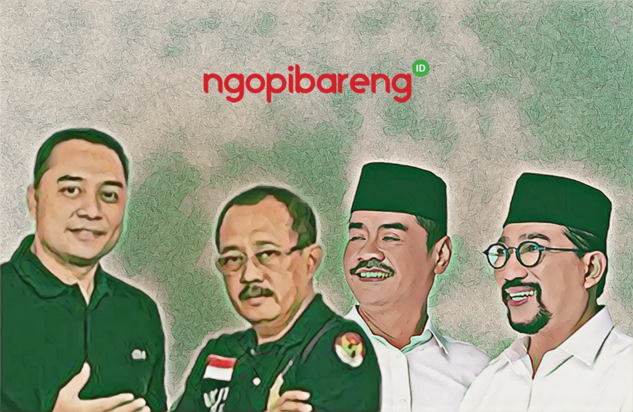 Ilustrasi pasangan Eri Cahyadi-Armuji dan Machfud Arifin dan Mujiaman. (Ilustrasi: Fa Vidhi/Ngopibareng.id) .