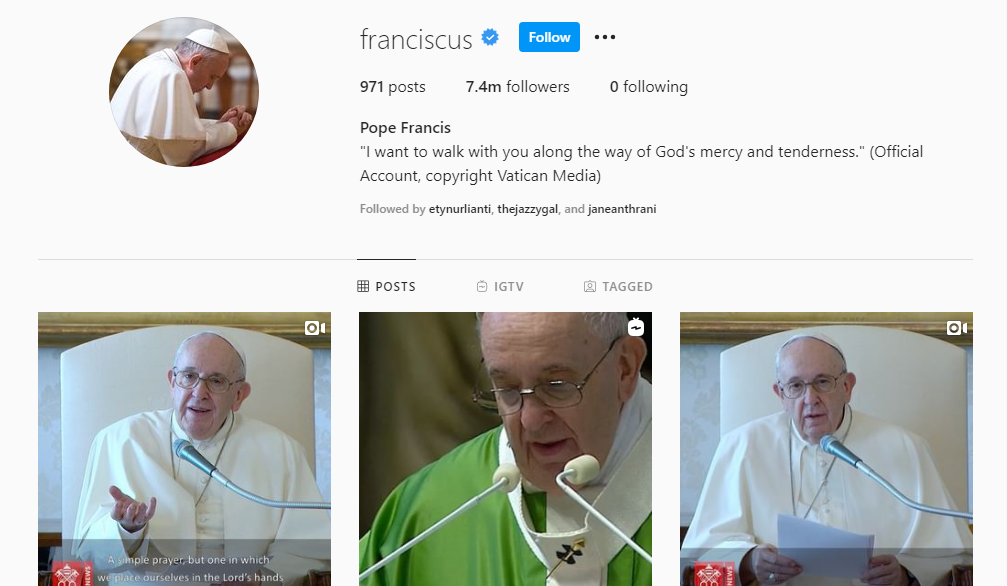Akun Instagram Paus Fransiskus asal Argentina yang akun Instagramnya diikuti oleh lebih dari 7,4 juta pengguna dari seluruh dunia. (Foto: Instagram)