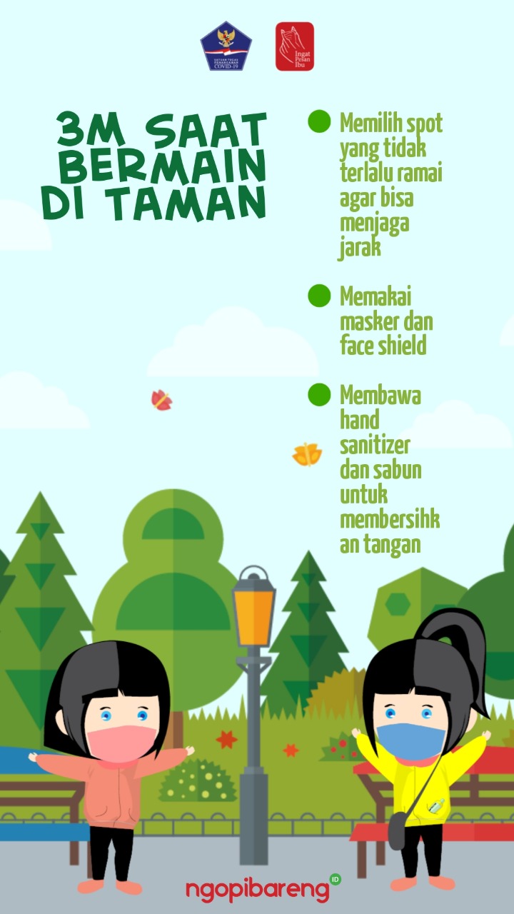 Ilustrasi anak-anak bermain aman di taman untuk perkembangan fisik usai belajar daring. (Grafis: Fa Vidhi/Ngopibareng.id)