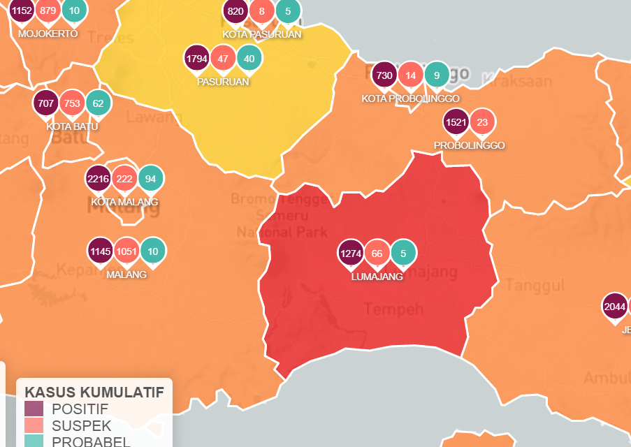 Wiayah Kabupaten Malang yang masuk zona oranye di peta risiko penyebaran Covid-19 Jawa Timur. (Info Covid-19 Jatim)