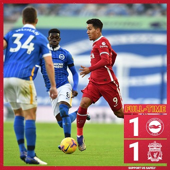 Pertandingan Brighton & Hove Albion vs Liverpool di Amex Stadium, Falmer pada Sabtu, 28 November 2020. (Foto: Twitter Liverpool)