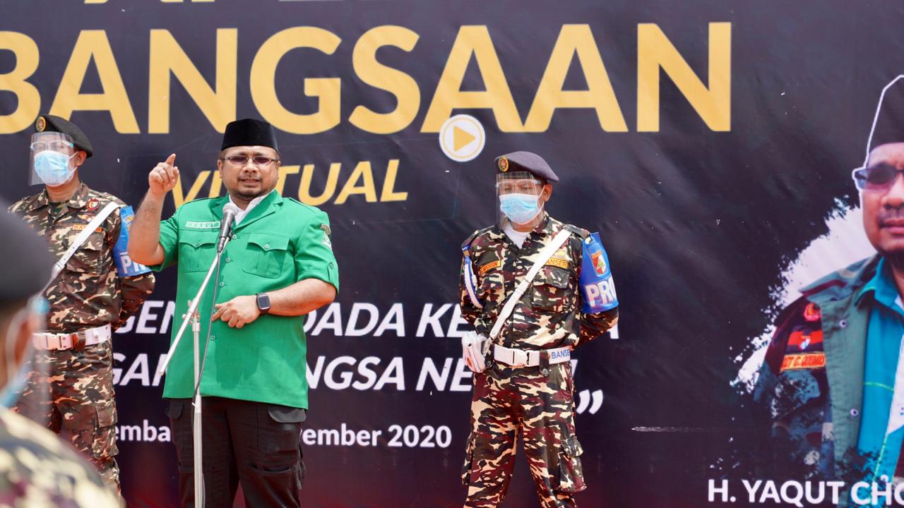 Ketua Umum Pimpinan Pusat Gerakan Pemuda (GP) Ansor Yaqut Cholil Qoumas saat memberikan orasi pada Apel Kebangsaan Virtual Banser, Minggu 29 November 2020 di Kabupaten Rembang. (Foto: Istimewa)