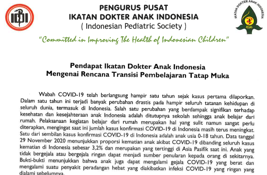 Pernyataan sikap IDAI tentang rencana pembalajaran tatap muka (PTM) di tengah pandemi. (tangkapan layar)