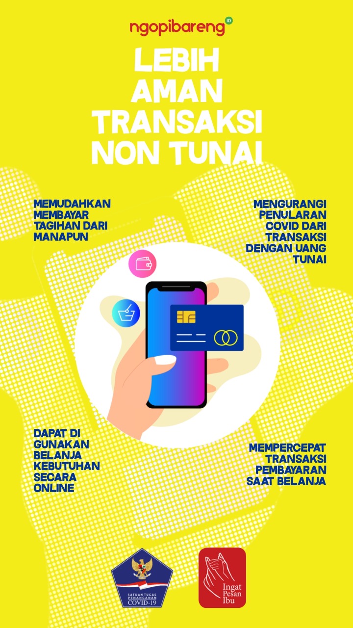 Ilustrasi pembayaran non tunai lebih aman sesuai protokol kesehatan pandemi Covid-19, yakni jaga jarak atau physical distancing. (Grafis: Fa Vidhi/Ngopibareng.id)