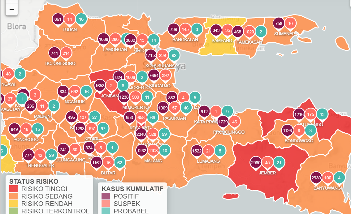 Zona oranye di Jawa Timur bertambah menjadi 34. (Info Covid-19 Jawa Timur)