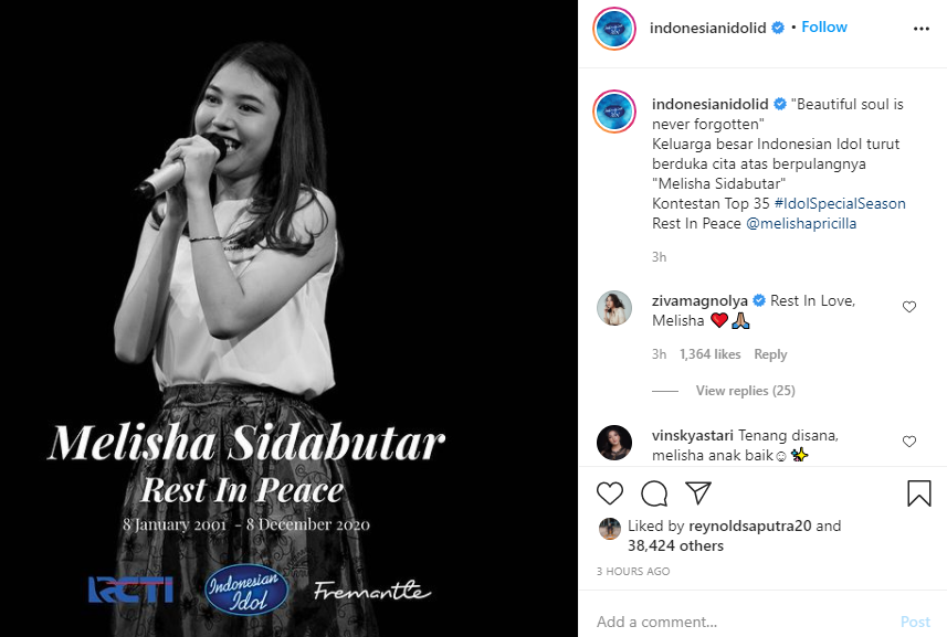 Ucapan duka cita untuk Melisha Sidabutar dari Indonesia Idol RCTI. (Foto: Instagram @indonesianidolid)