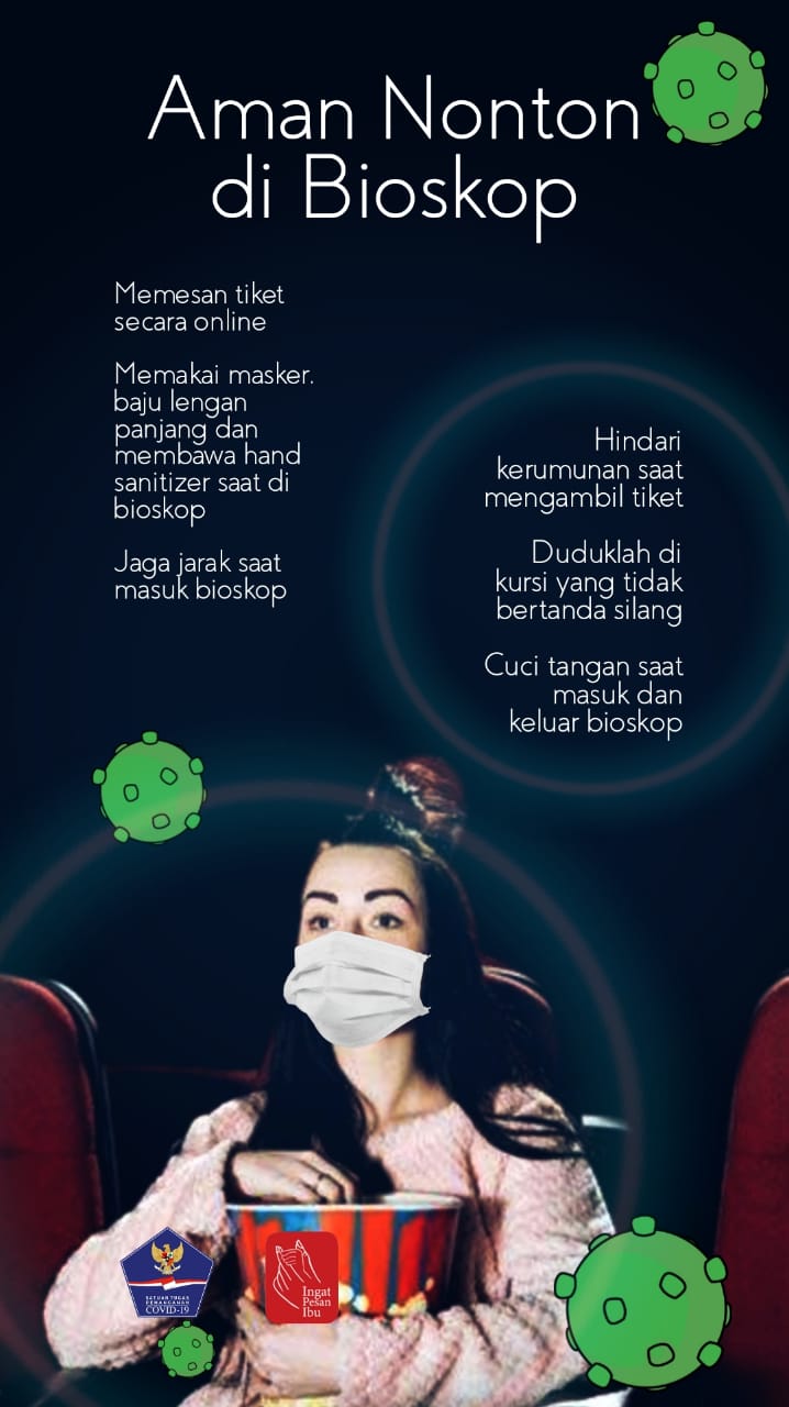 Ilustrasi penerapan protokol kesehatan selama nonton film di gedung bioskop untuk cegah klaster baru. (Grafis: Fa Vidhi/Ngopibareng.id)