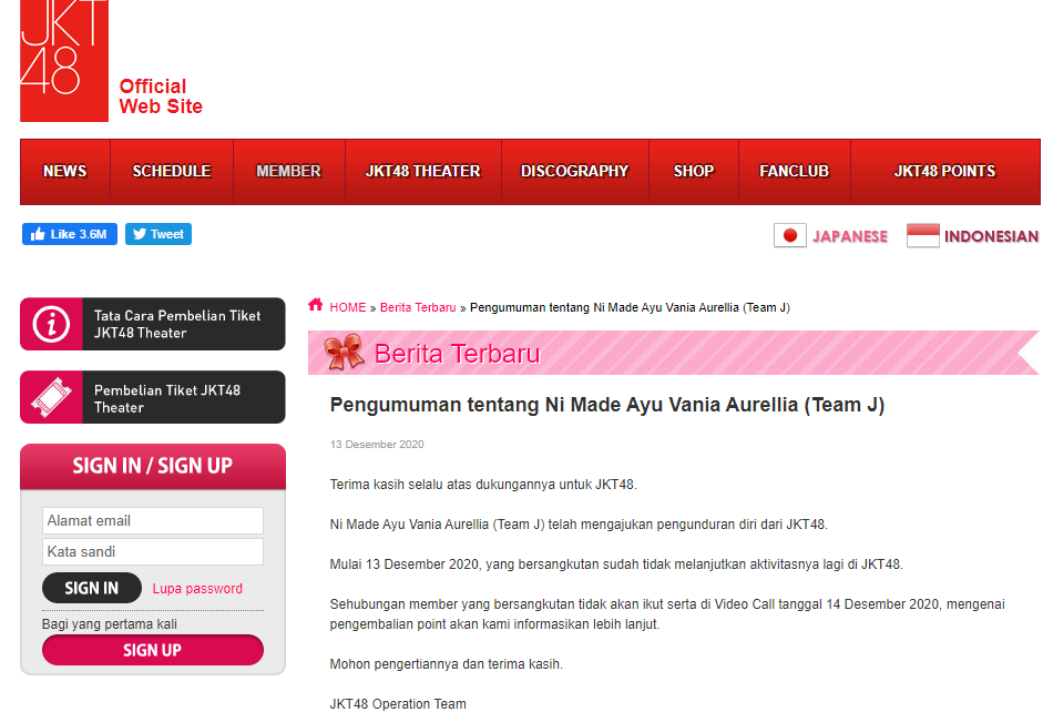 Pengumuman JKT48 perihal pengunduran diri salah satu membernya, Aurel. (Foto: website JKT48)