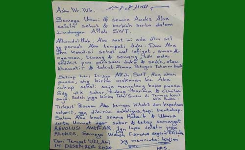 HRS kirim surat untuk keluarganya dari tempat uzlah. (Istimewa)