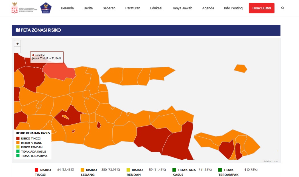 Peta risiko penyebaran Covid-19 di Jatim. (Foto: Tangkapan Layar))