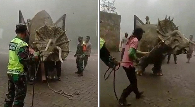 Dinosurus Triceratops di wahana wisata alam Mojosemi Forest Park Magetan, Jawa Timur. (Foto: Instagram)