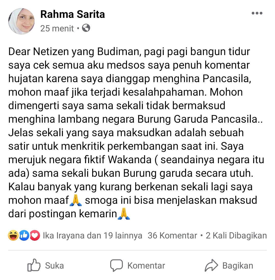 Klarifikasi Rahma Sarita.