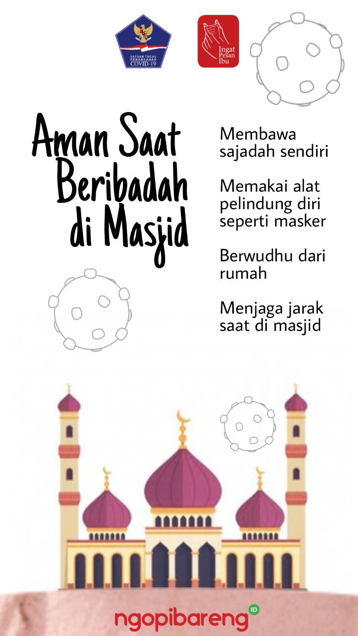 Ilustrasi protokol kesehatan saat beribadah jemaah di masjid dengan aman. (Grafis: Fa Vidhi/Ngopibareng.id)