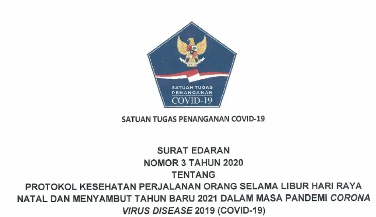 Surat Edaran nomor 3 tahun 2020 Tentang Protokol Kesehatan Perjalanan Orang Selama Libur Hari Raya Natal dan Menyambut Tahun Baru 2021 dalam Masa Pandemi Covid. (tangkapan layar)