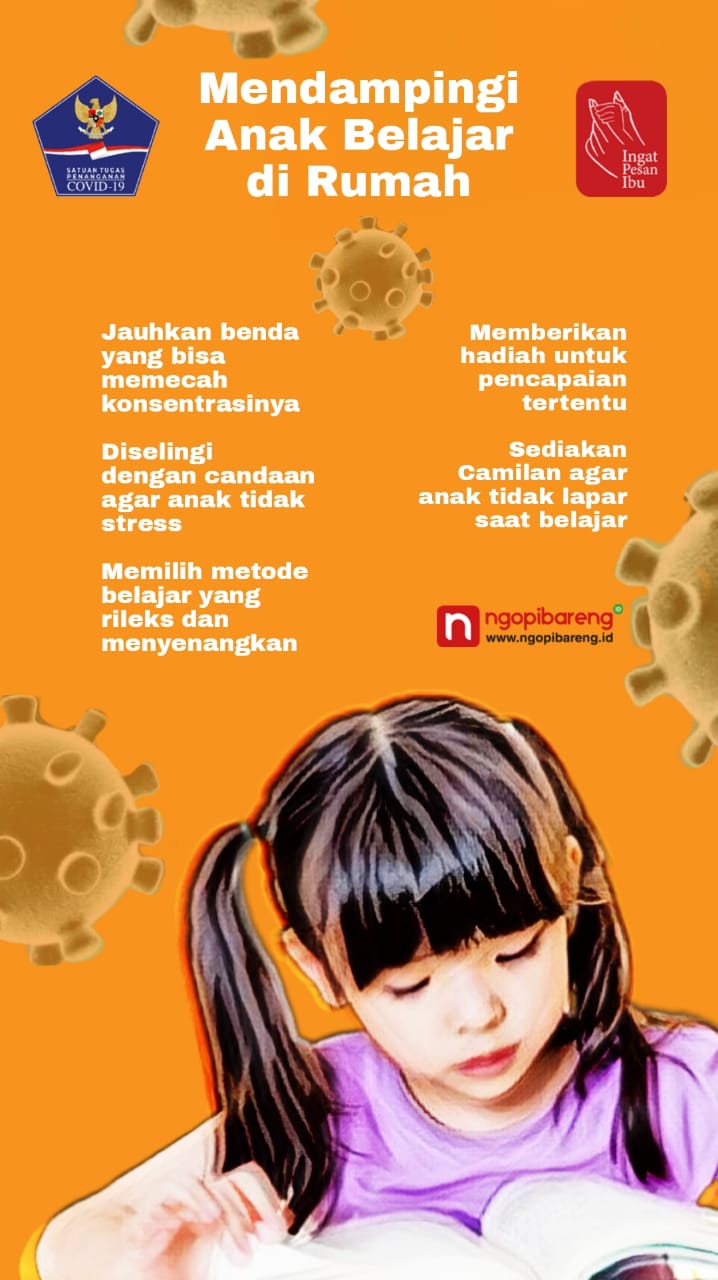 Ilustrasi tips bagi orangtua mendampingi anak-anak belajar di rumah saat pandemi Covid-19. (Grafis: Fa Vidhi/Ngopibareng.id)