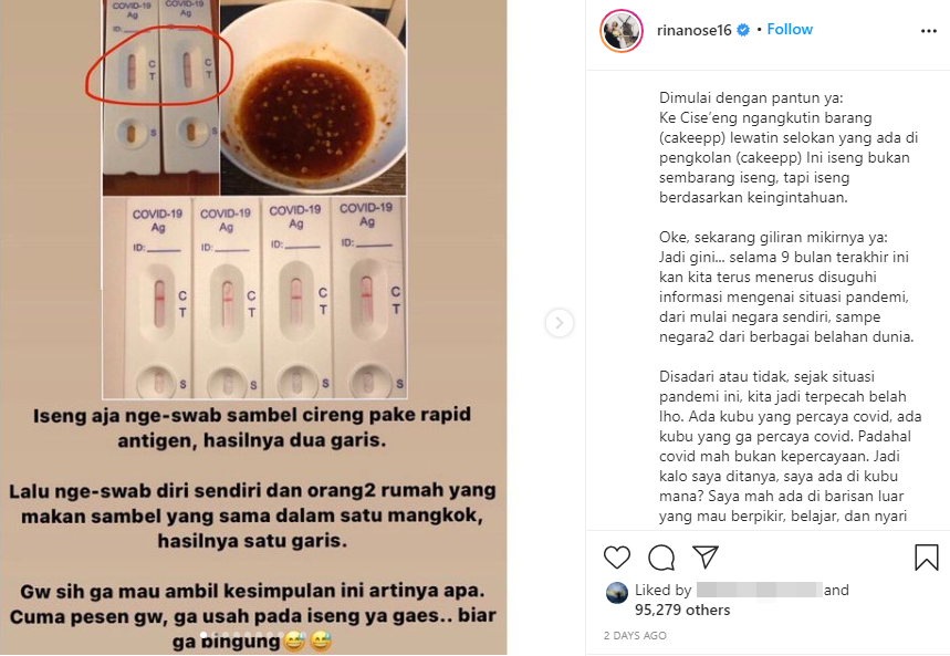 Rina Nose rapid test pakai sambal cireng. (Foto: Instagram @rinanose16)