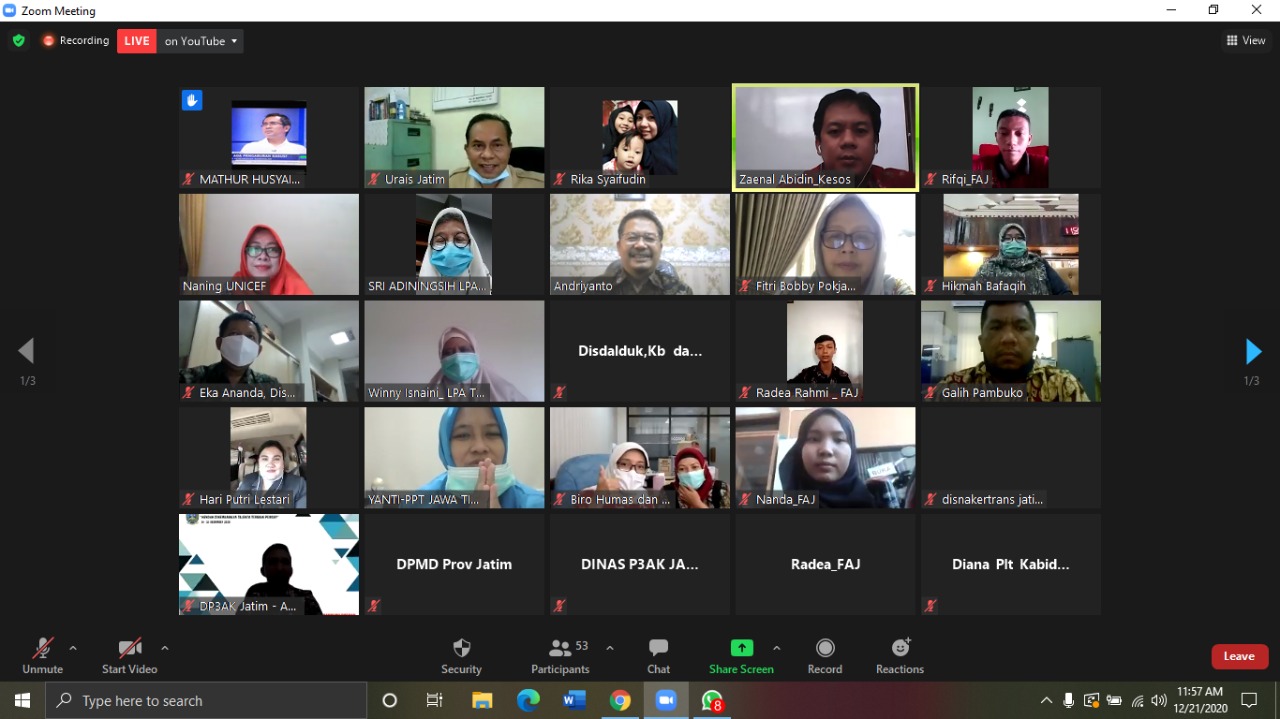 Webinar Diseminasi Policy Brief Tatanan Baru Layanan Kesejahteraan dan Perlindungan Anak di Jawa Timur, Selasa 22 Desember 2020. (Foto: Tangkapan Layar)
