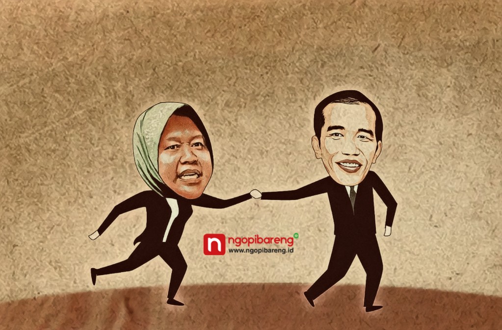 Ilustrasi Tri Rismaharini digandeng Joko Widodo ke Istana Negara. (Ilustrasi: Fa Vidhi/Ngopibareng.id)