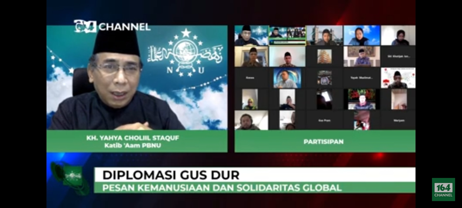 Katib Aam PBNU KH Yahya Cholil Staqut saat memberi sambutan pada Haul Gus Dur secara virtual. (Foto: Istimewa)