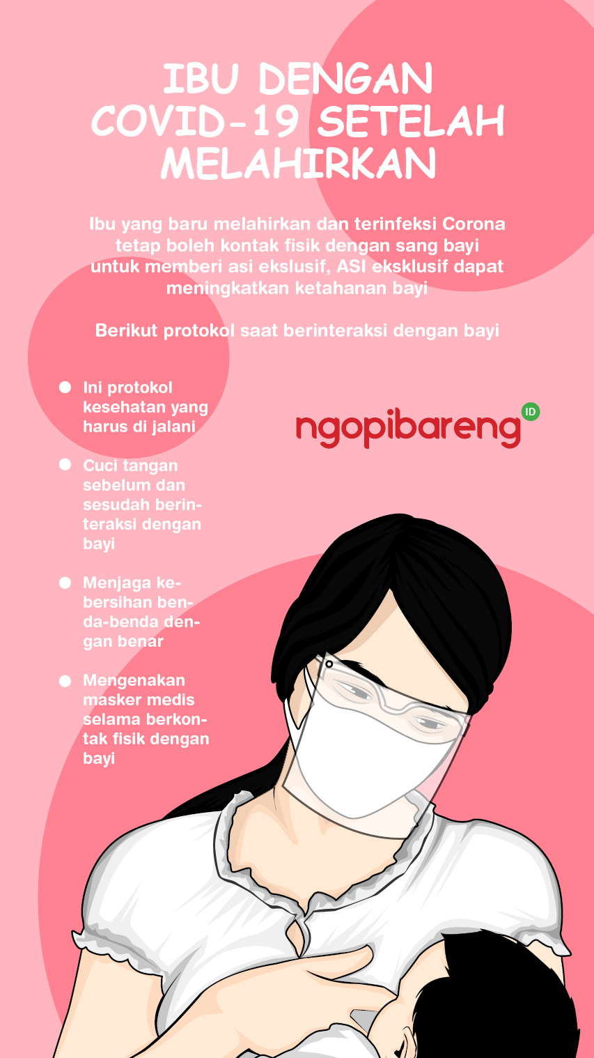 Ilustrasi seorang ibu masih bisa menyusui bayinya dengan mematuhi protokol kesehatan. (Grafis: Fa Vidhi/Ngopibareng.id)