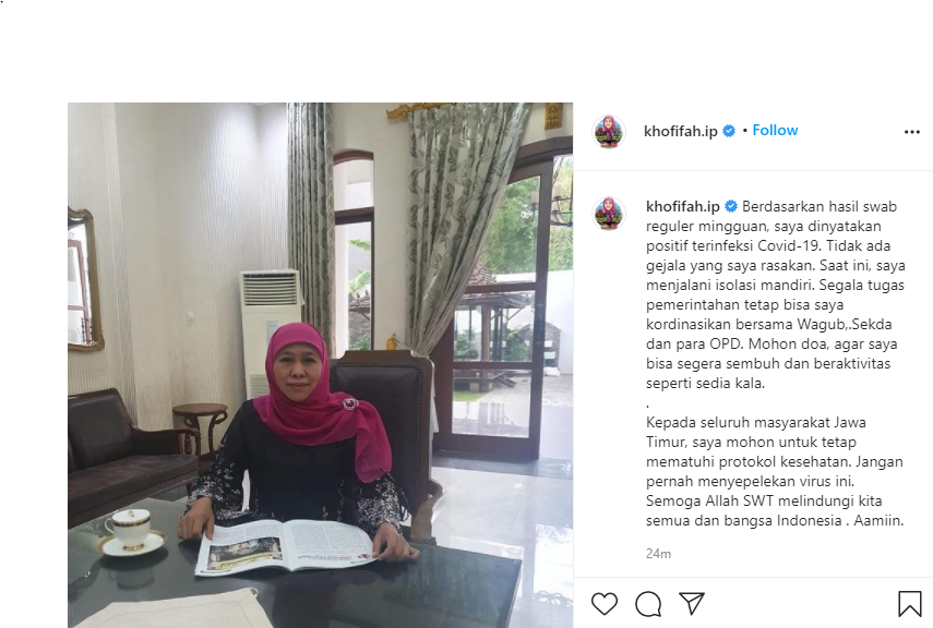 Gubernur Jawa Timur mengumumkan dirinya terpapar virus corona atau positif Covid-19. (Foto: Instagram)