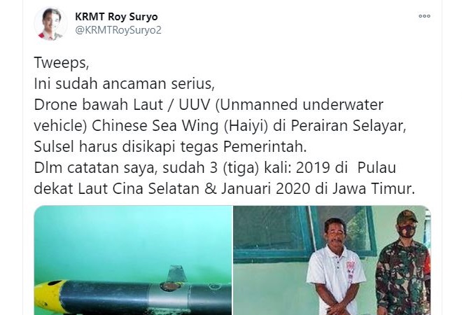 Tangkapan layar cuitan Roy Suryo soal drone asing. (Foto: tangkapan layar)