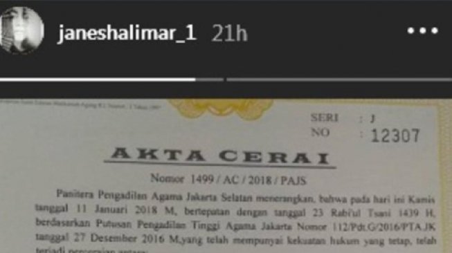 Jane Shalimar mendapat akta cerai dari Pengadilan Agama Jakarta Selatan pada 2018 silam, usai menjalani sidang isbat nikah siri dan gugat cerai Didi Mahardika. (Foto: Instagram)