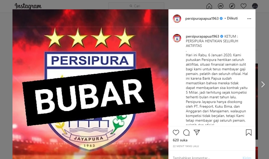 Persipura umumkan bubar. (Foto: Tangkapan Layar)