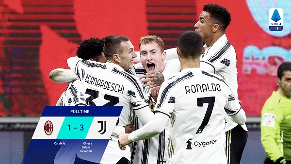 Skuad Juventus taklukkan tuan rumah AC Milan 3-1 di San Siro dalam laga pekan ke-16 Liga Italia 2020-2021, Rabu 6 Januari 2021 waktu setempat atau Kamis dini hari WIB. (Foto: Twitter Liga Italia)