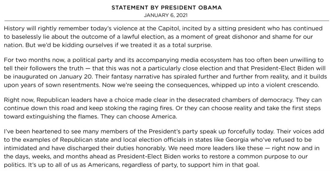 Pernyataan sikap mantan Presiden AS, Barack Obama, yang menuding Donald Trump penyebab kerusuhan di Capitol Hill. (Foto: Twitter)