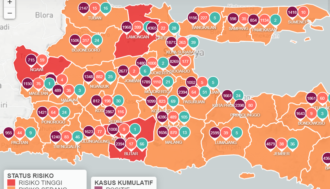 Update Covid-19 Jawa Timur, terdapat empat zona merah risiko penularan tiggi Covid-19. (Tangkapan layar Info Covid-19 Jawa Timur)