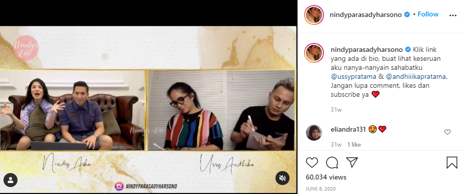 Hanya tersisa momen ini kebersamaan Nindy dan suami di Instagram. (Foto: Instagram)