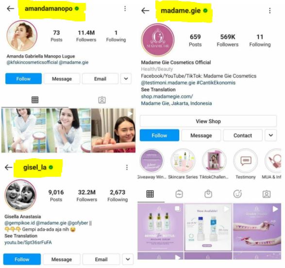 Amanda Manopo menambahkan akun Instagram Madame Gie di bio link-nya. (Foto: Instagram)