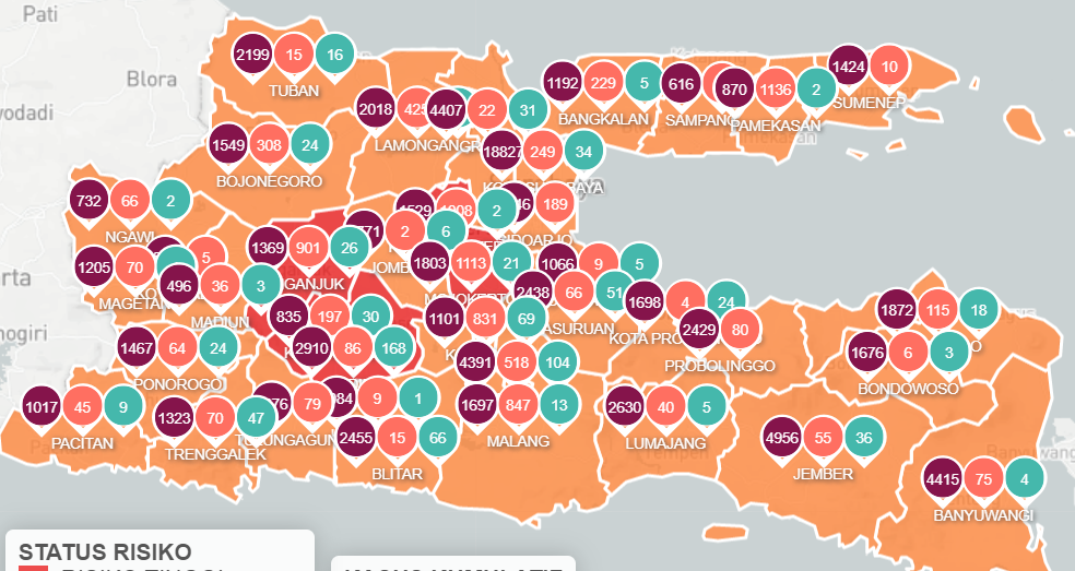 Update Covid-19 Jawa Timur, Rabu 13 Januari 2021. Zona merah di luar wilayah yang wajib PPKM. (Foto: Tangkapan layar Info Covid-19 Jawa Timur)