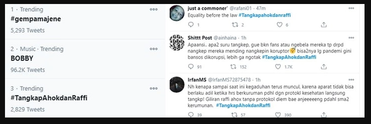 Tagar #TangkapAhokdanRaffi jadi trending. (Foto: Twitter)