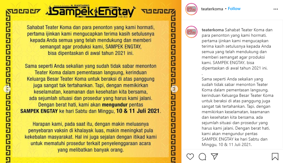 Pengumuman jadwal pementasan Sampek Engtay yang diundur oleh Teater Koma karena pandemi Covid-19. (Foto: Instagram)