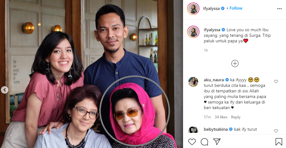 Ify Alyssa mengunggah ucapan duka untuk sang nenek, artis senior Farida Pasha.
