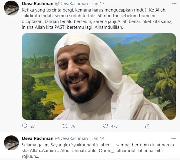 Curhat Deva Rachman sepeninggal suami, Syekh Ali Jaber. (Foto: Twitter)
