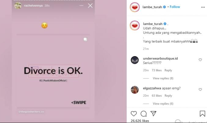 Postingan Racel Vennya tentang cerai. (Foto: Instagram)