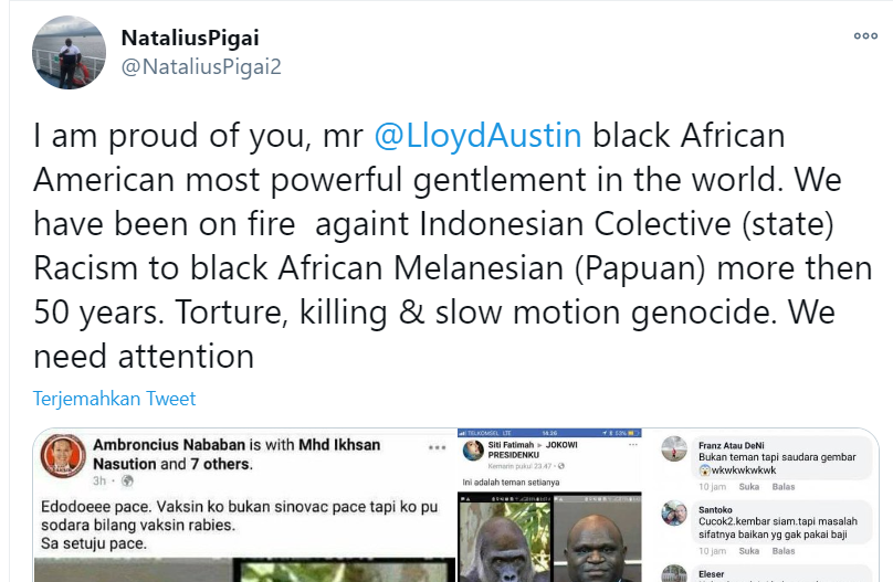 Natalius Pigai melaporkan soal rasisme yang dialami warga Papua, kepada Menhan AS Lloyd Austin lewat Twitternya. (Foto:Tangkapan Layar Twitter)