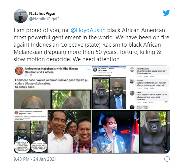 Natalius Pigai melaporkan rasisme yang dialaminya ke Menteri Pertahanan Amerika Serikat, Lloyd Austin. (Foto: Twitter)