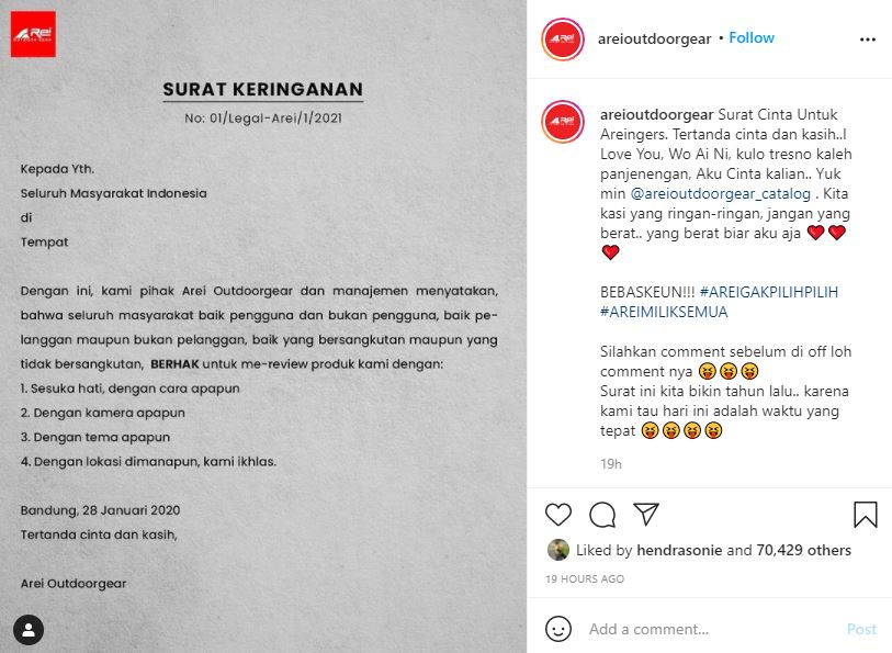 Surat Keringanan dari Arei menyindir Surat Keberatan Eiger. (Foto: Instagram)