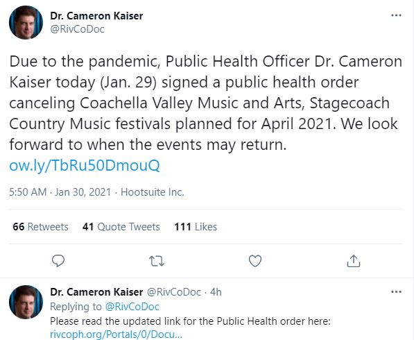 Dr. Cameron Kaiser, petugas kesehatan masyarakat di Riverside County, tempat festival tahunan tersebut diselenggarakan. (Foto: Twitter)