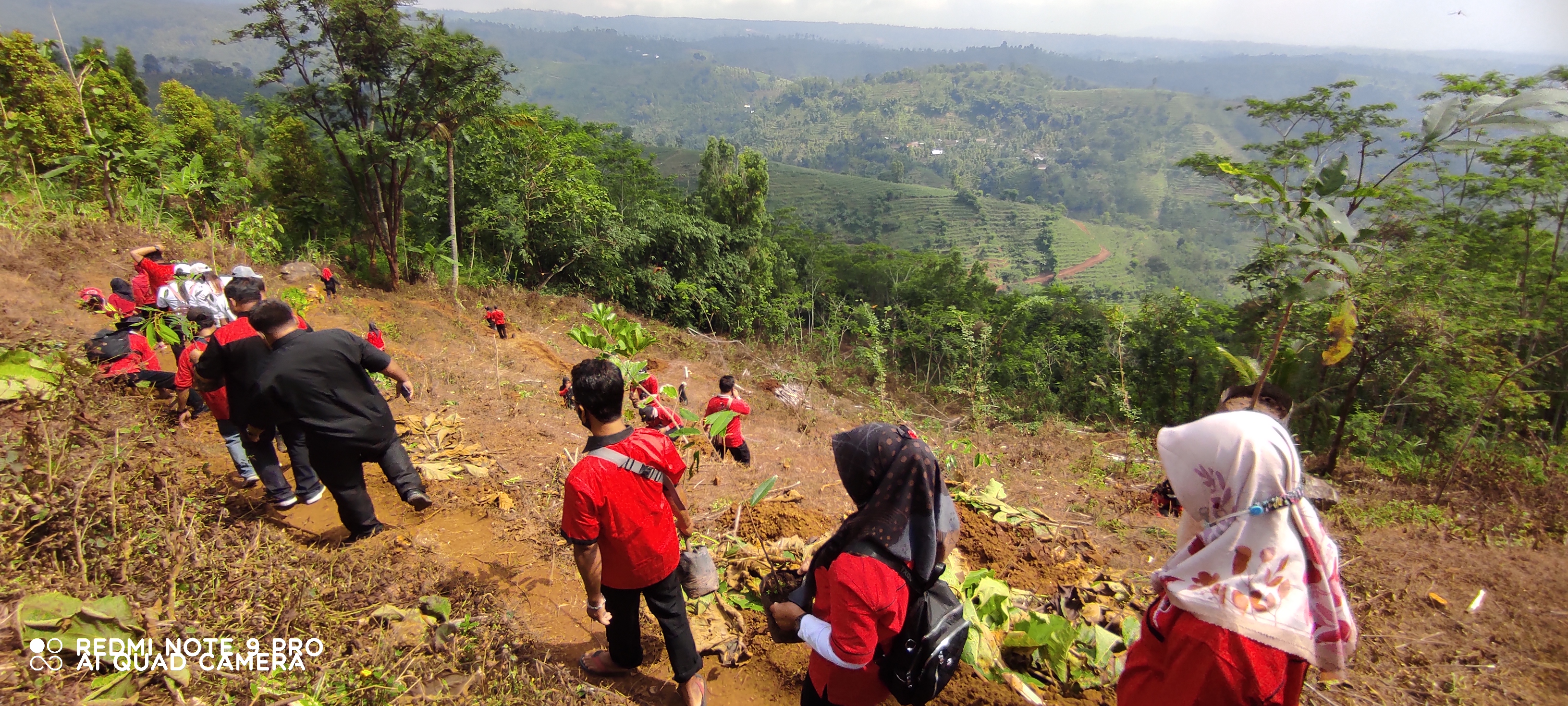 Para aktivis lingkungan turut dalam kegiatan menanam dua ribu pohon buah di lereng kaki Gunung Wilis. (Foto: Fendhy Plesmana/Ngopibareng.id)